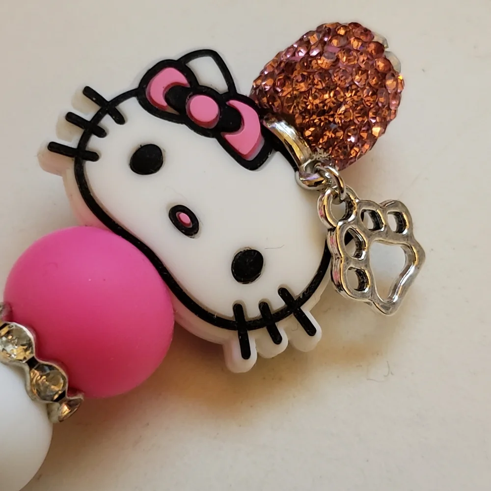 Handmade Pink White Hello Kitty Rhinestone Beaded Silicone Focal Bead Pen